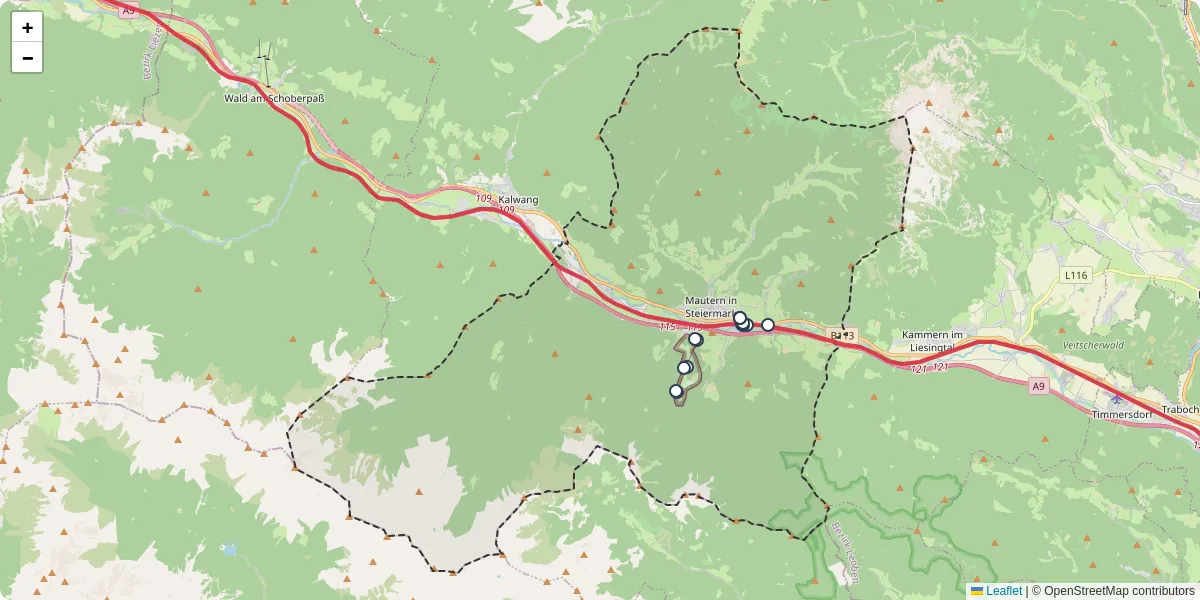 Nahverkehrsnetz in mautern-in-steiermark, Österreich - Buslinien, Haltestellen und Verbindungen auf der Karte