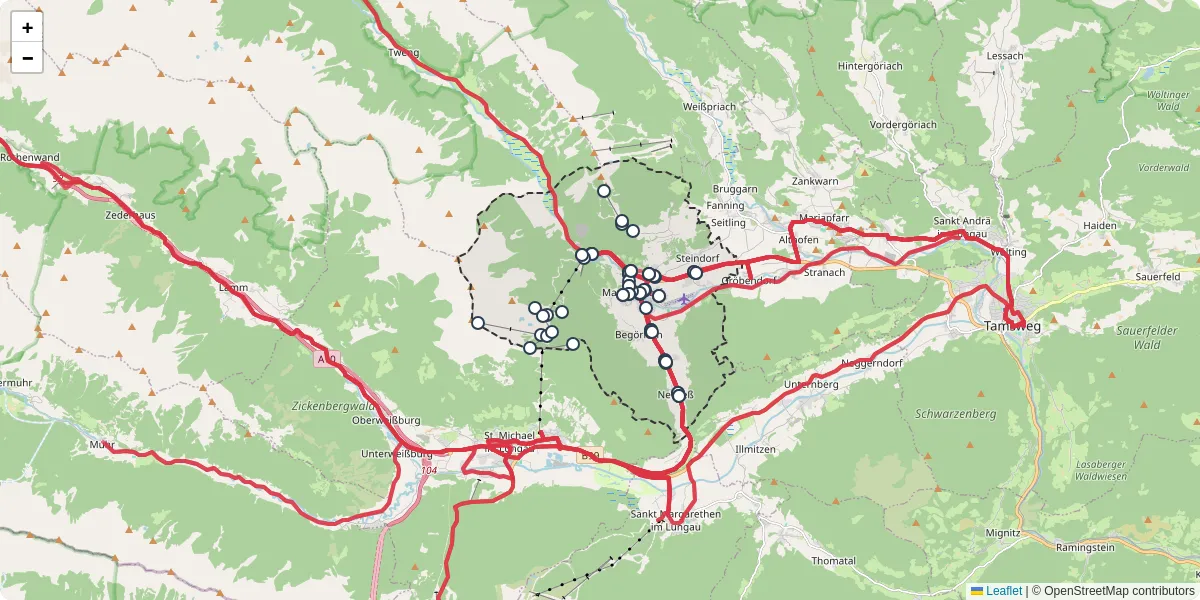 Nahverkehrsnetz in mauterndorf, Österreich - Buslinien, Haltestellen und Verbindungen auf der Karte