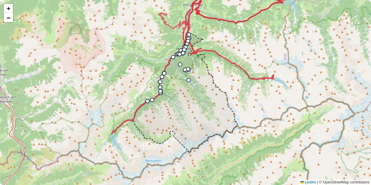 Nahverkehrsnetz in mayrhofen, Österreich - Buslinien, Haltestellen und Verbindungen auf der Karte