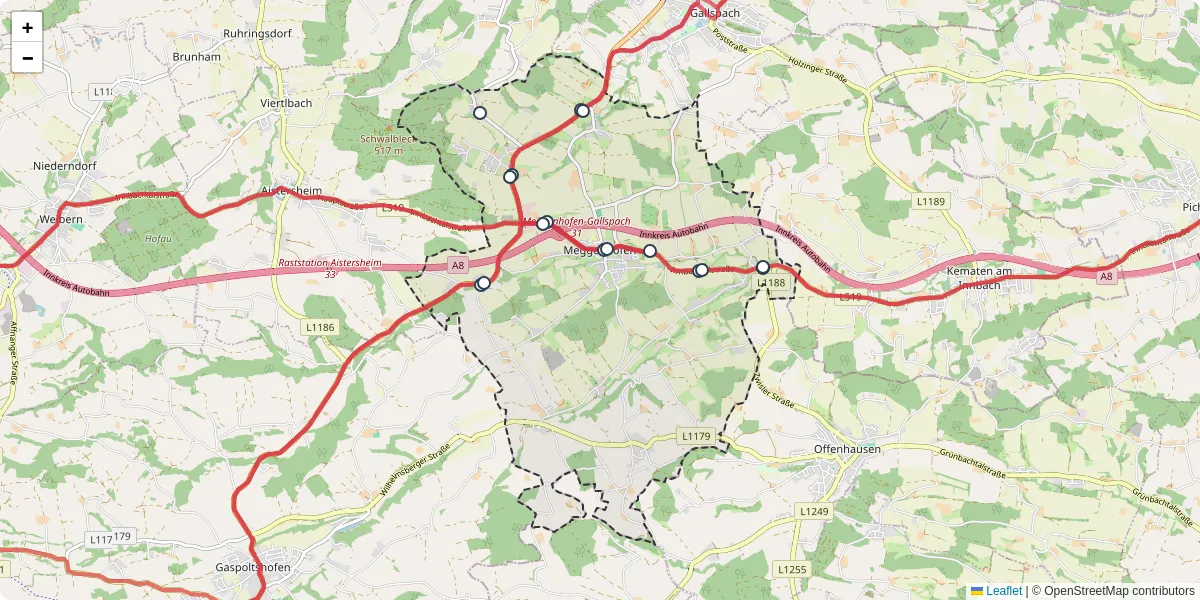 Nahverkehrsnetz in meggenhofen, Österreich - Buslinien, Haltestellen und Verbindungen auf der Karte