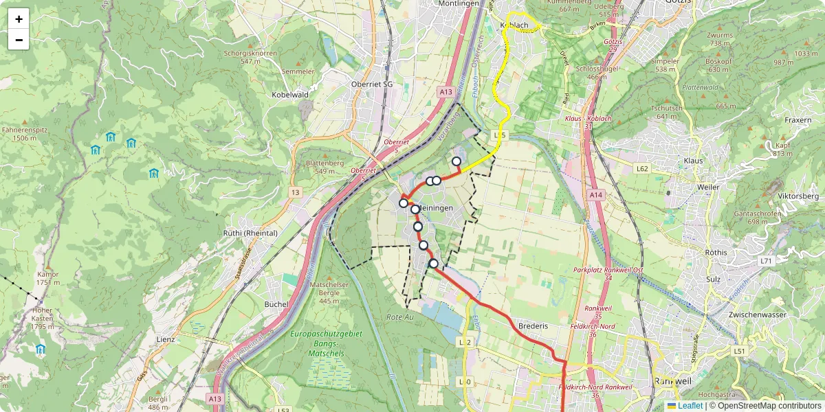Nahverkehrsnetz in meiningen, Österreich - Buslinien, Haltestellen und Verbindungen auf der Karte