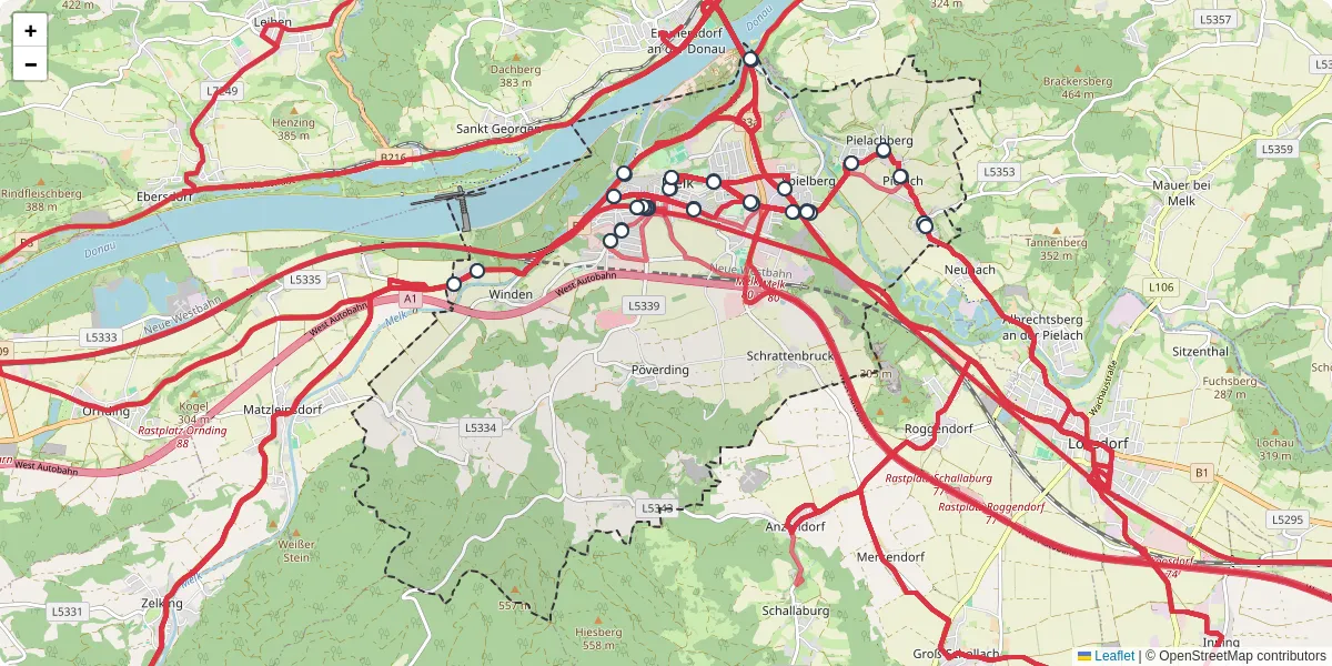 Nahverkehrsnetz in melk, Österreich - Buslinien, Haltestellen und Verbindungen auf der Karte