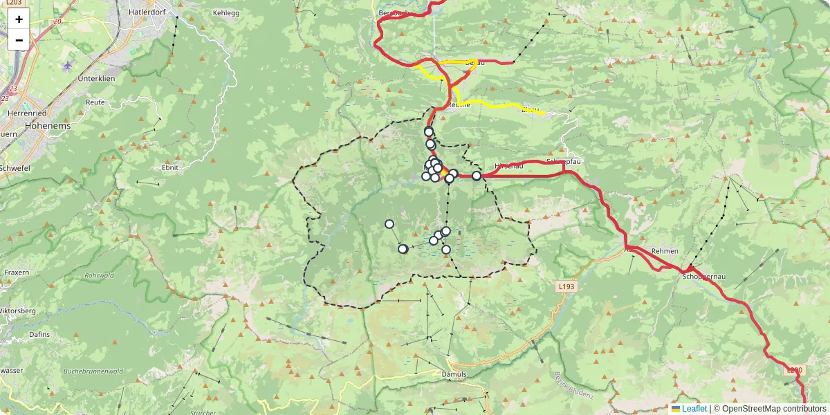 Nahverkehrsnetz in mellau, Österreich - Buslinien, Haltestellen und Verbindungen auf der Karte