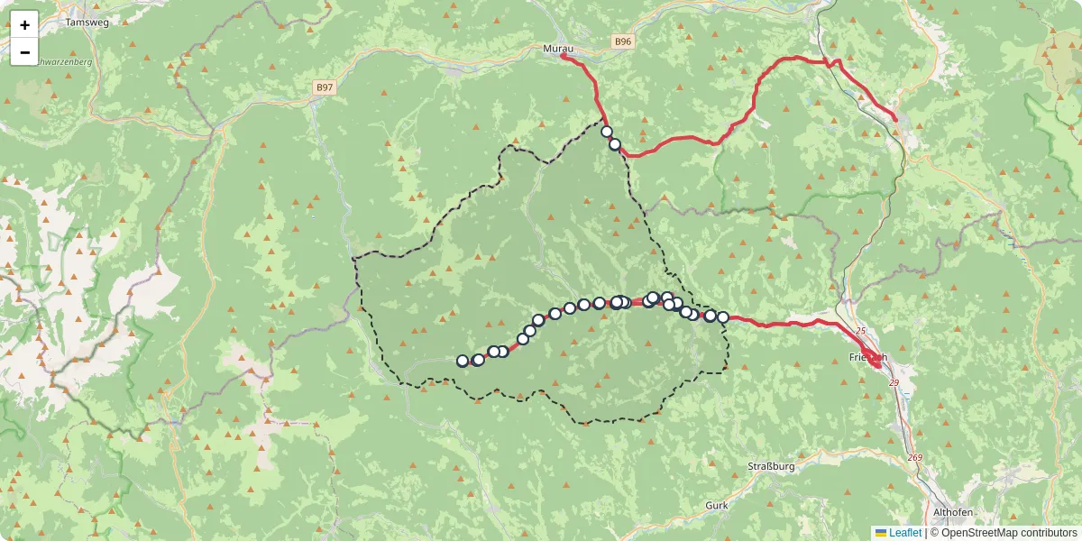 Nahverkehrsnetz in metnitz, Österreich - Buslinien, Haltestellen und Verbindungen auf der Karte