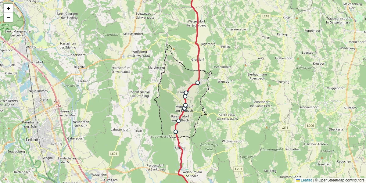 Nahverkehrsnetz in mettersdorf-am-sabach, Österreich - Buslinien, Haltestellen und Verbindungen auf der Karte