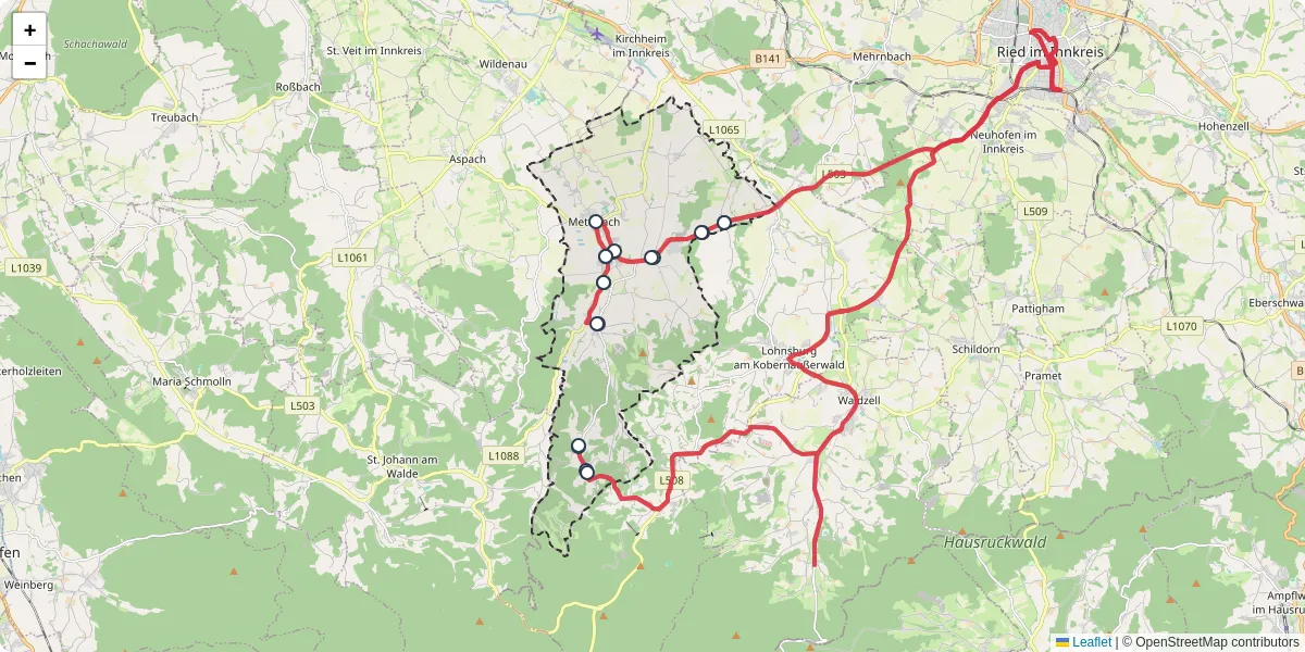 Nahverkehrsnetz in mettmach, Österreich - Buslinien, Haltestellen und Verbindungen auf der Karte