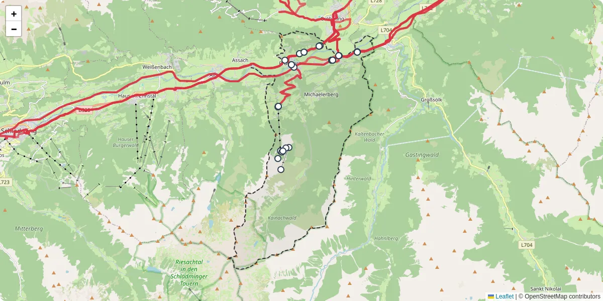 Nahverkehrsnetz in michaelerberg-pruggern, Österreich - Buslinien, Haltestellen und Verbindungen auf der Karte