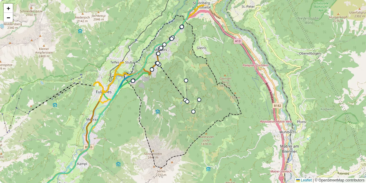 Nahverkehrsnetz in mieders, Österreich - Buslinien, Haltestellen und Verbindungen auf der Karte
