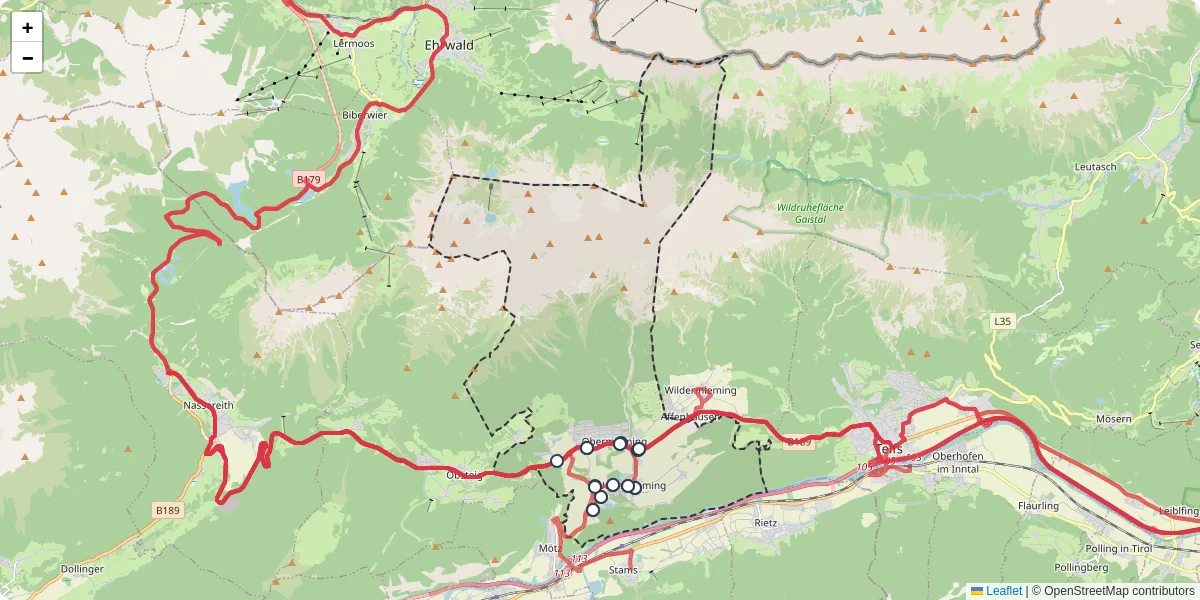Nahverkehrsnetz in mieming, Österreich - Buslinien, Haltestellen und Verbindungen auf der Karte