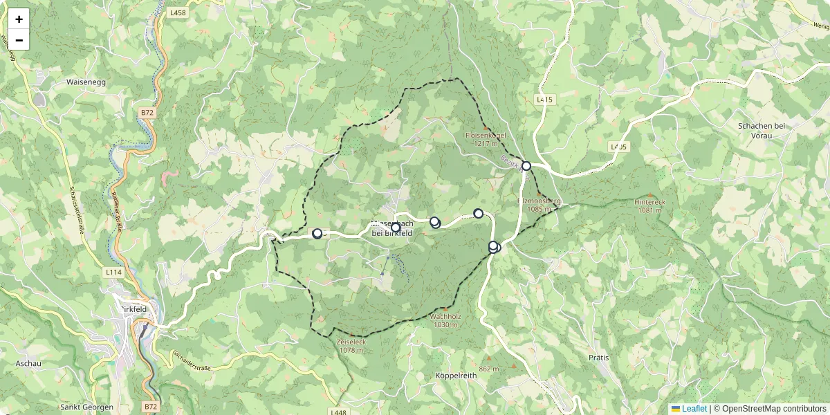 Nahverkehrsnetz in miesenbach-bei-birkfeld, Österreich - Buslinien, Haltestellen und Verbindungen auf der Karte