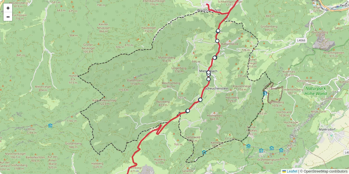 Nahverkehrsnetz in miesenbach, Österreich - Buslinien, Haltestellen und Verbindungen auf der Karte