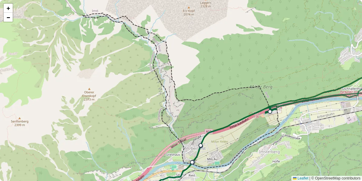 Nahverkehrsnetz in mils-bei-imst, Österreich - Buslinien, Haltestellen und Verbindungen auf der Karte