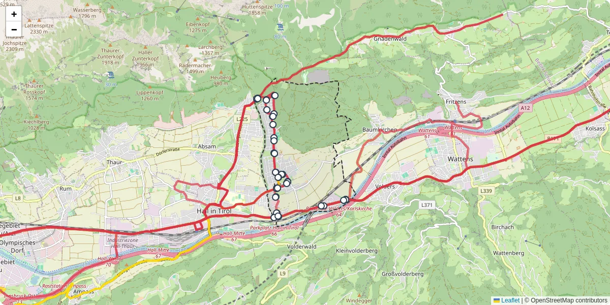 Nahverkehrsnetz in mils, Österreich - Buslinien, Haltestellen und Verbindungen auf der Karte