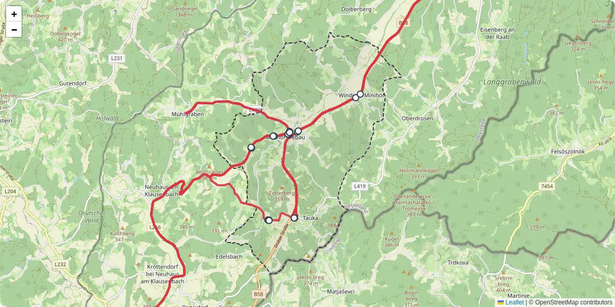 Nahverkehrsnetz in minihof-liebau, Österreich - Buslinien, Haltestellen und Verbindungen auf der Karte