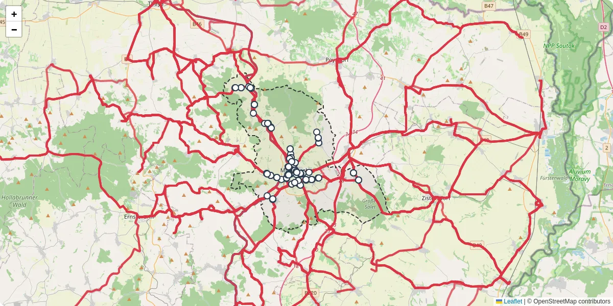 Nahverkehrsnetz in mistelbach, Österreich - Buslinien, Haltestellen und Verbindungen auf der Karte