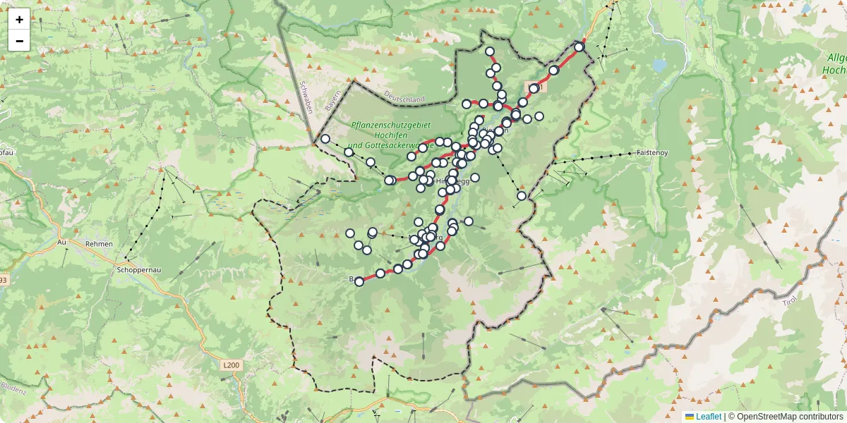 Nahverkehrsnetz in mittelberg, Österreich - Buslinien, Haltestellen und Verbindungen auf der Karte