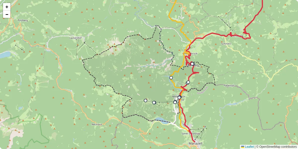Nahverkehrsnetz in mitterbach-am-erlaufsee, Österreich - Buslinien, Haltestellen und Verbindungen auf der Karte