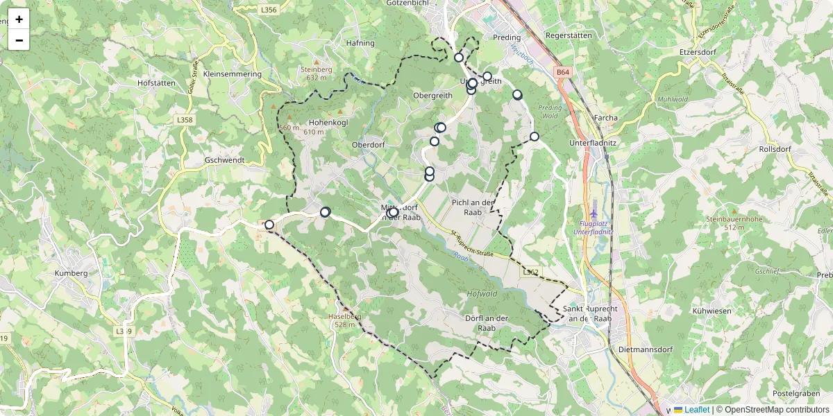 Nahverkehrsnetz in mitterdorf-an-der-raab, Österreich - Buslinien, Haltestellen und Verbindungen auf der Karte