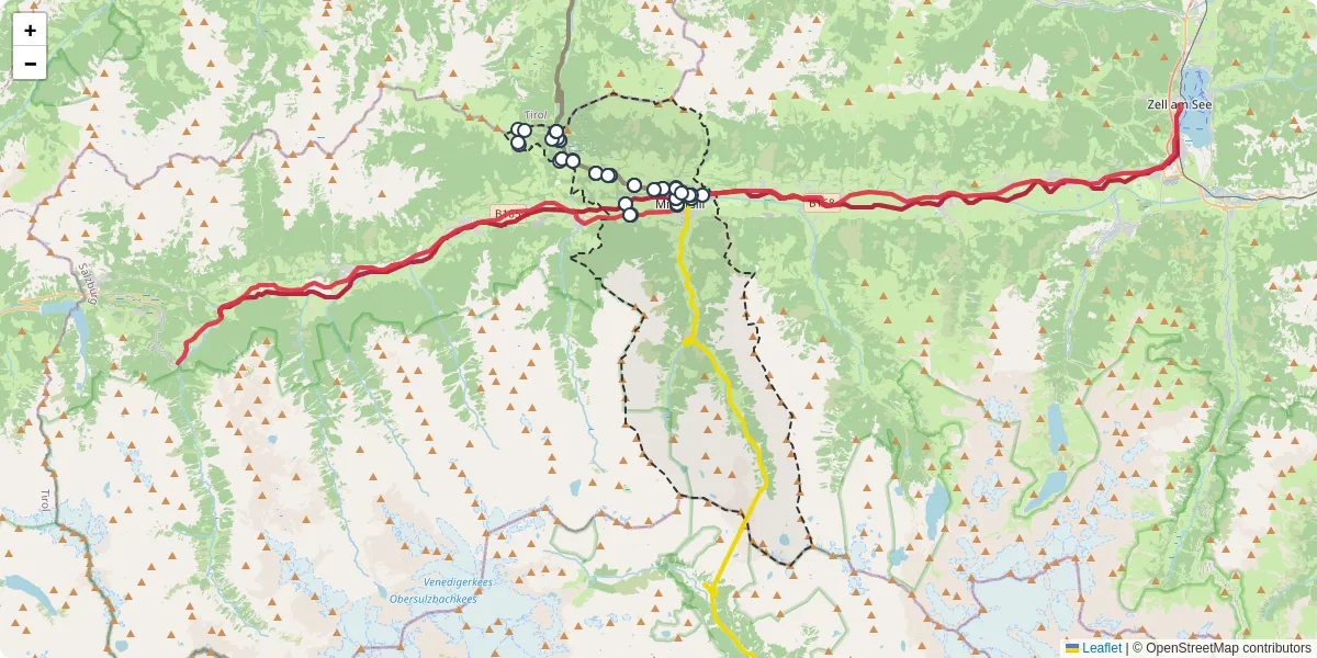 Nahverkehrsnetz in mittersill, Österreich - Buslinien, Haltestellen und Verbindungen auf der Karte