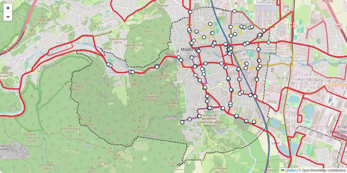 Nahverkehrsnetz in modling, Österreich - Buslinien, Haltestellen und Verbindungen auf der Karte
