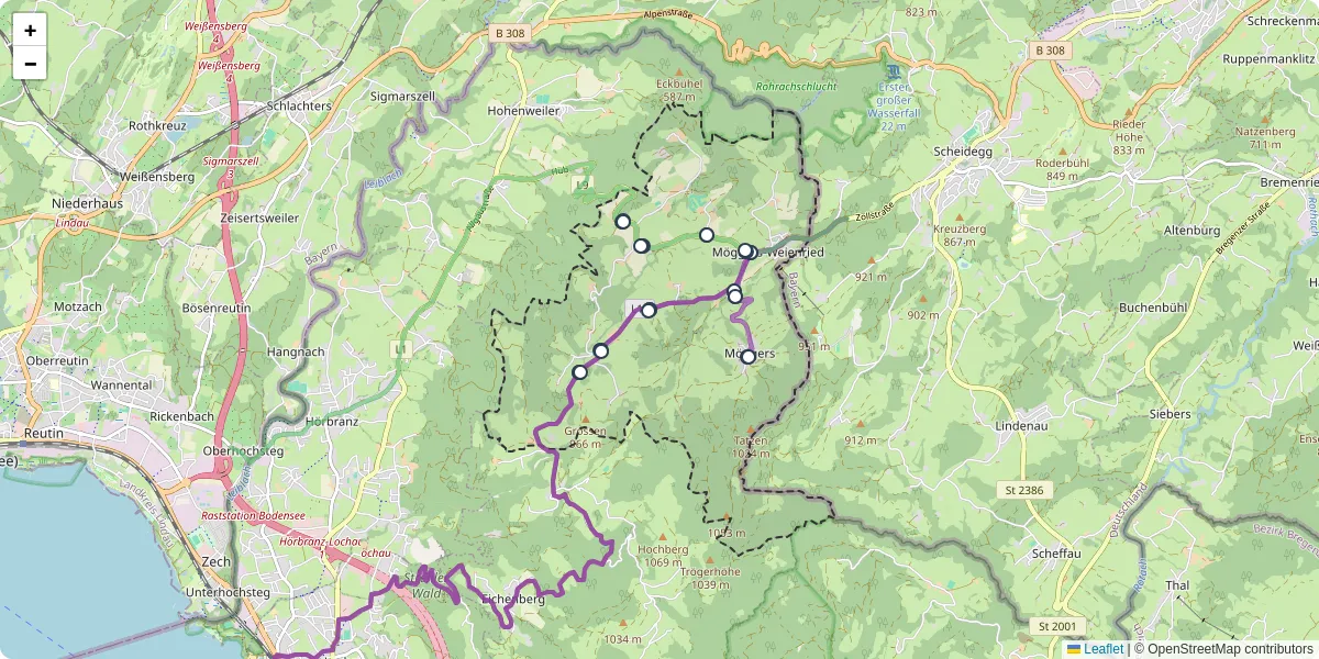 Nahverkehrsnetz in moggers, Österreich - Buslinien, Haltestellen und Verbindungen auf der Karte