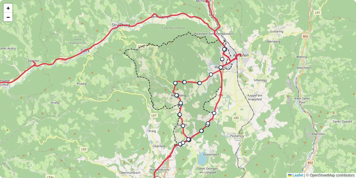 Nahverkehrsnetz in molbling, Österreich - Buslinien, Haltestellen und Verbindungen auf der Karte