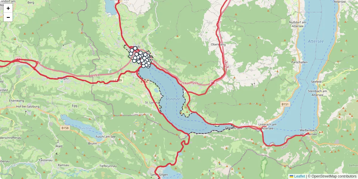 Nahverkehrsnetz in mondsee, Österreich - Buslinien, Haltestellen und Verbindungen auf der Karte