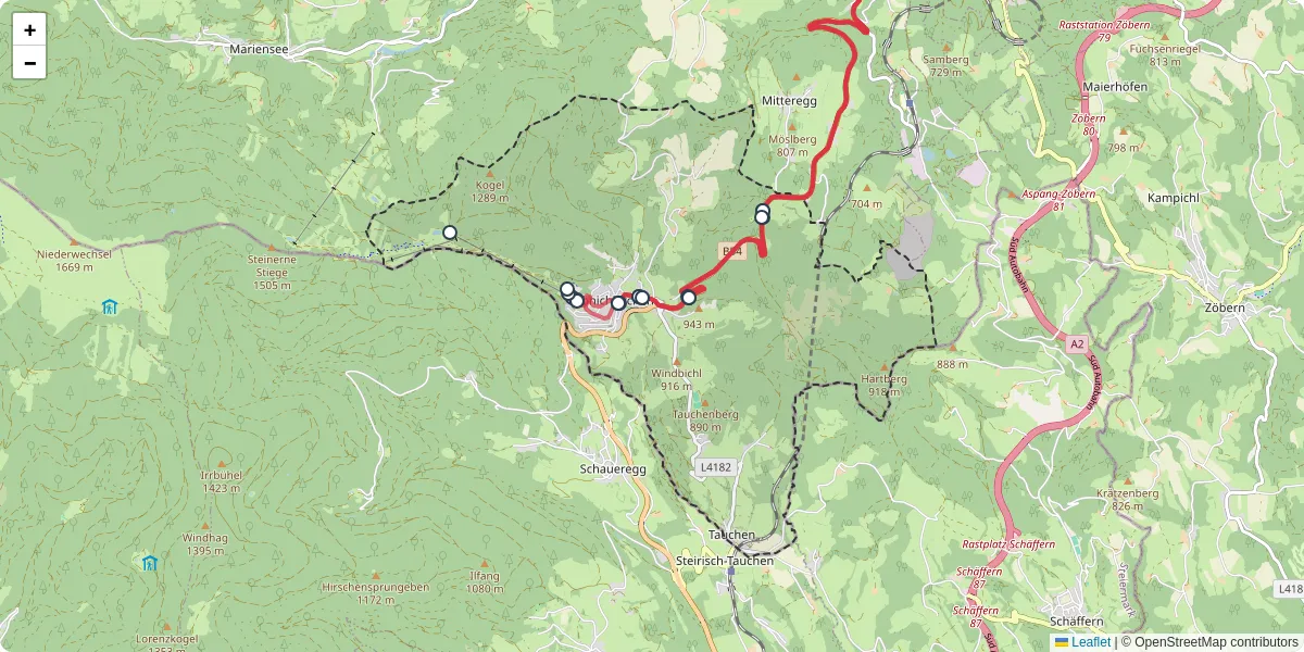 Nahverkehrsnetz in monichkirchen, Österreich - Buslinien, Haltestellen und Verbindungen auf der Karte