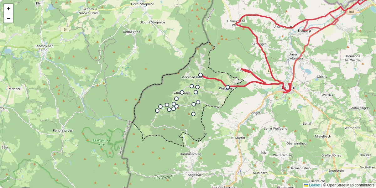 Nahverkehrsnetz in moorbad-harbach, Österreich - Buslinien, Haltestellen und Verbindungen auf der Karte