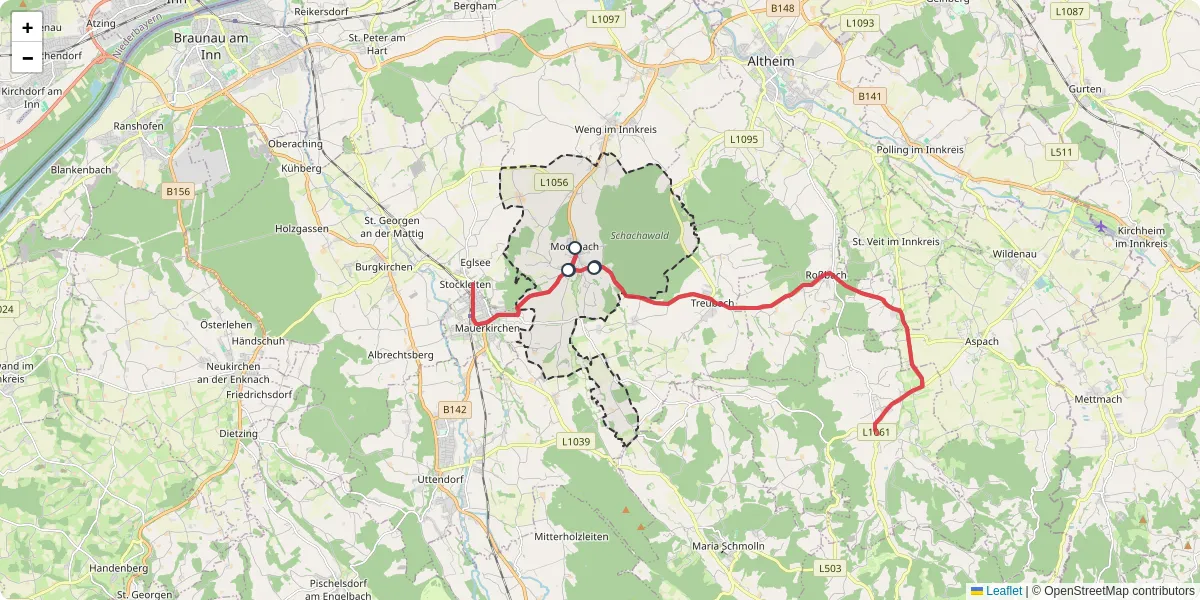 Nahverkehrsnetz in moosbach, Österreich - Buslinien, Haltestellen und Verbindungen auf der Karte