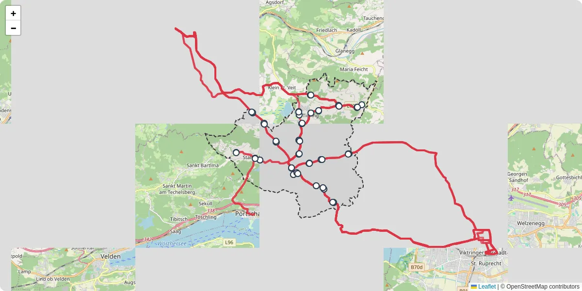 Nahverkehrsnetz in moosburg, Österreich - Buslinien, Haltestellen und Verbindungen auf der Karte