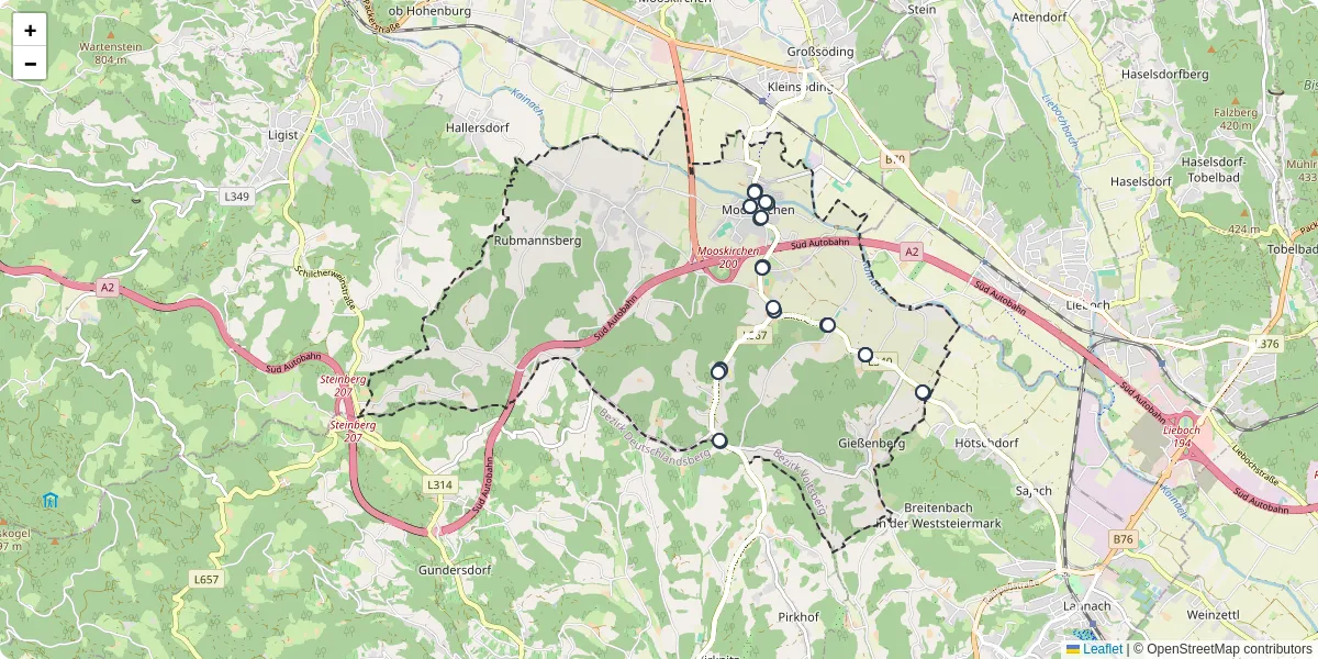 Nahverkehrsnetz in mooskirchen, Österreich - Buslinien, Haltestellen und Verbindungen auf der Karte