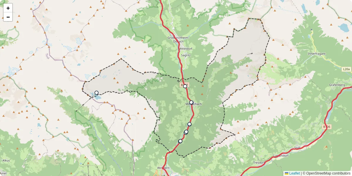 Nahverkehrsnetz in mortschach, Österreich - Buslinien, Haltestellen und Verbindungen auf der Karte