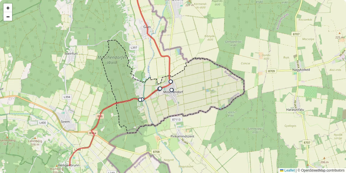 Nahverkehrsnetz in moschendorf, Österreich - Buslinien, Haltestellen und Verbindungen auf der Karte