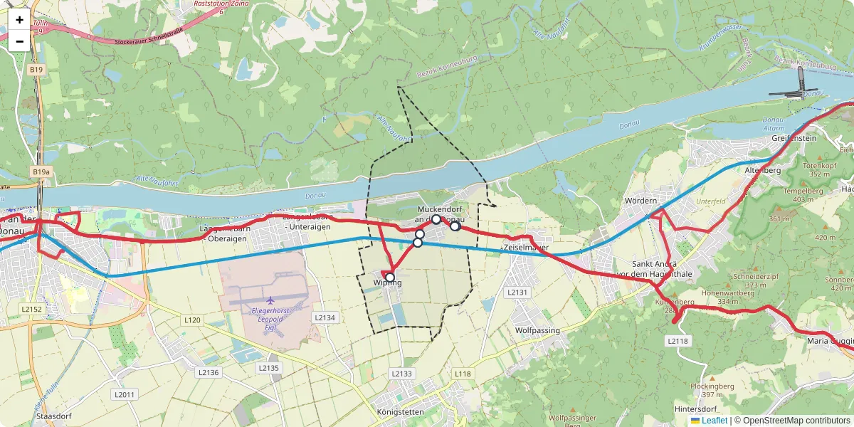 Nahverkehrsnetz in muckendorf-wipfing, Österreich - Buslinien, Haltestellen und Verbindungen auf der Karte