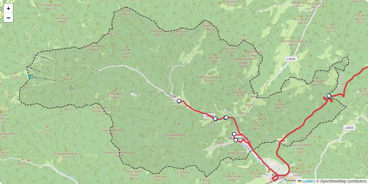 Nahverkehrsnetz in muggendorf, Österreich - Buslinien, Haltestellen und Verbindungen auf der Karte