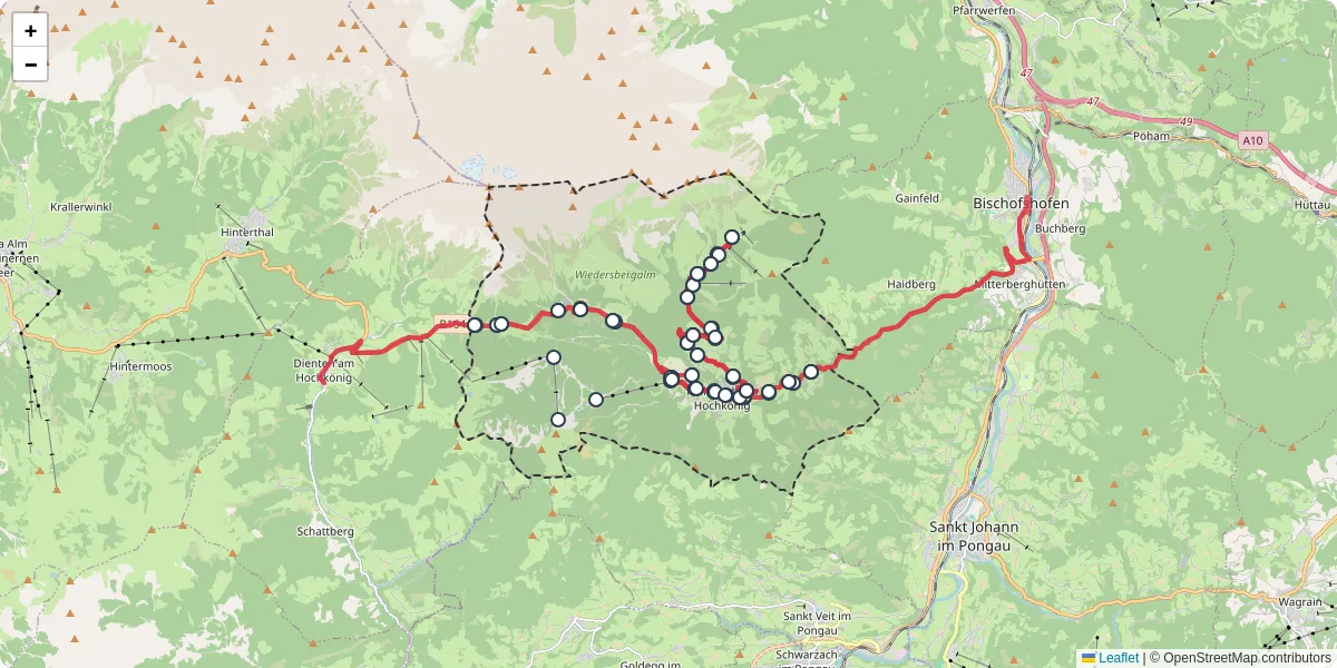 Nahverkehrsnetz in muhlbach-am-hochkonig, Österreich - Buslinien, Haltestellen und Verbindungen auf der Karte