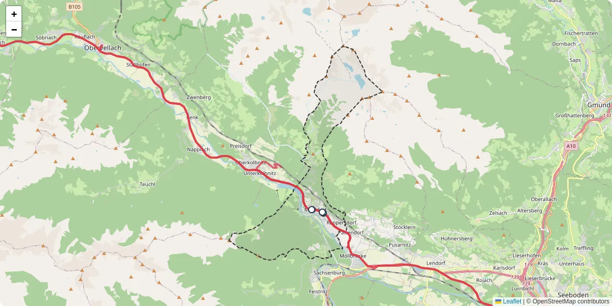 Nahverkehrsnetz in muhldorf, Österreich - Buslinien, Haltestellen und Verbindungen auf der Karte