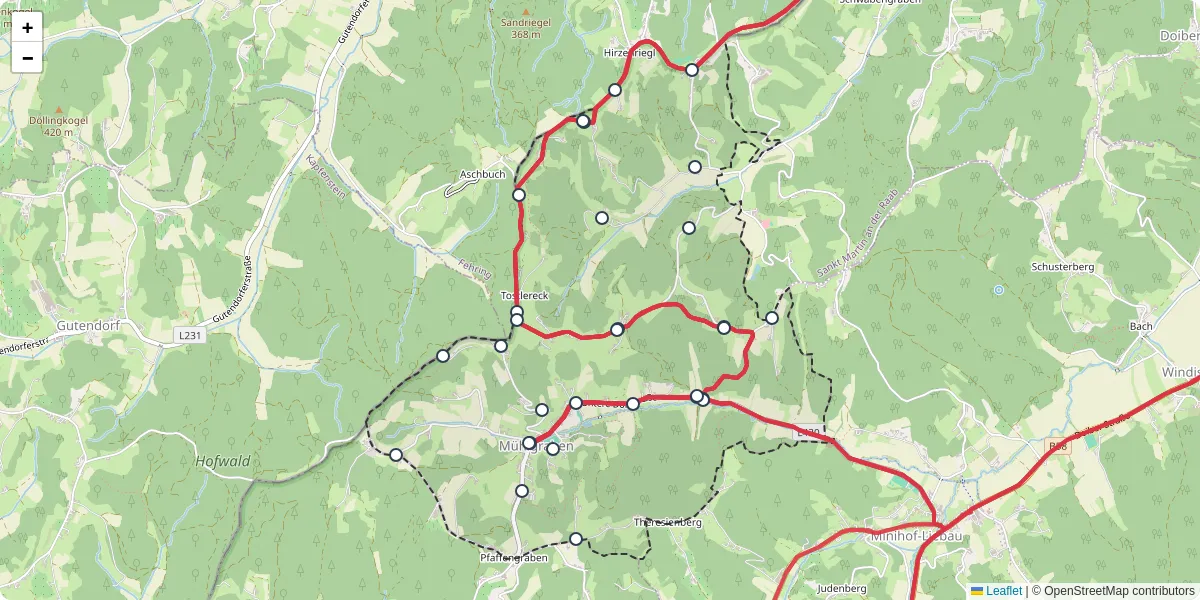 Nahverkehrsnetz in muhlgraben, Österreich - Buslinien, Haltestellen und Verbindungen auf der Karte
