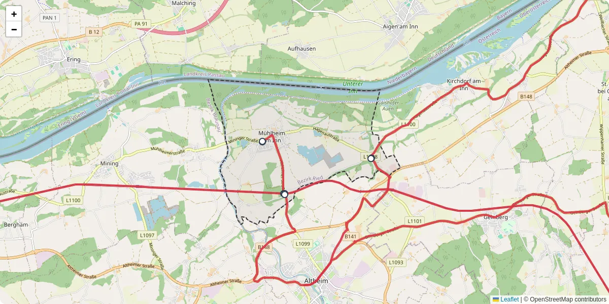 Nahverkehrsnetz in muhlheim-am-inn, Österreich - Buslinien, Haltestellen und Verbindungen auf der Karte
