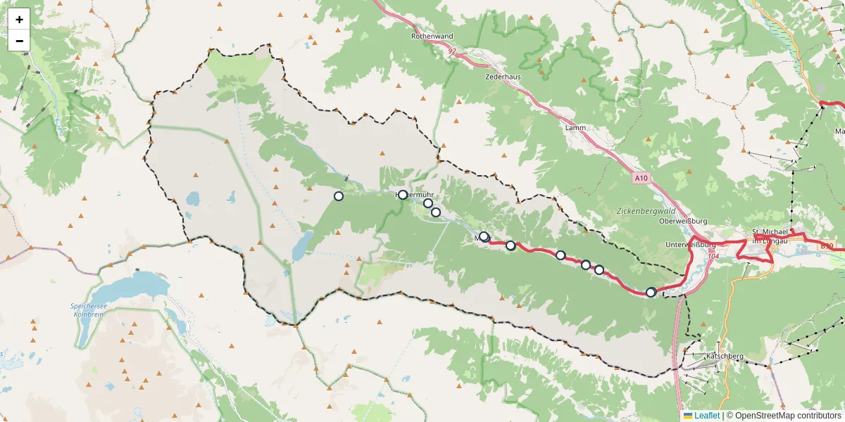 Nahverkehrsnetz in muhr, Österreich - Buslinien, Haltestellen und Verbindungen auf der Karte