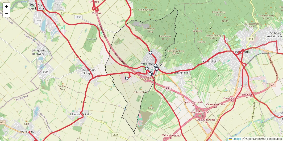 Nahverkehrsnetz in mullendorf, Österreich - Buslinien, Haltestellen und Verbindungen auf der Karte