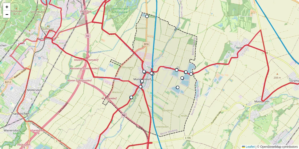 Nahverkehrsnetz in munchendorf, Österreich - Buslinien, Haltestellen und Verbindungen auf der Karte