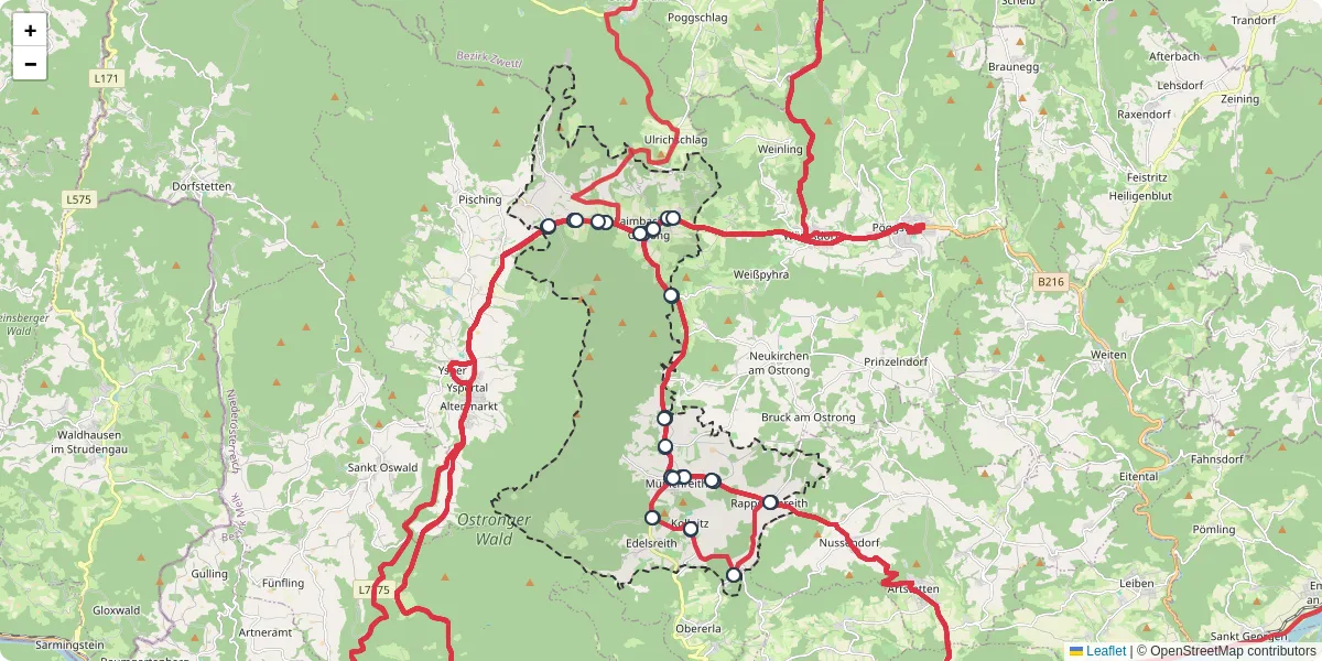 Nahverkehrsnetz in munichreith-laimbach, Österreich - Buslinien, Haltestellen und Verbindungen auf der Karte