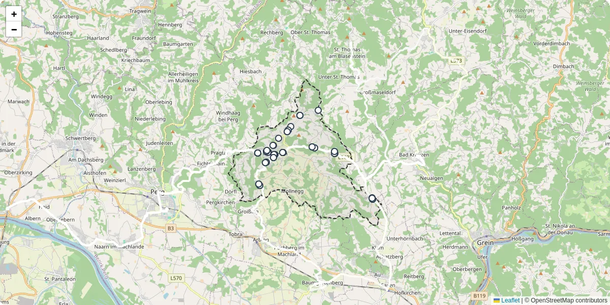 Nahverkehrsnetz in munzbach, Österreich - Buslinien, Haltestellen und Verbindungen auf der Karte