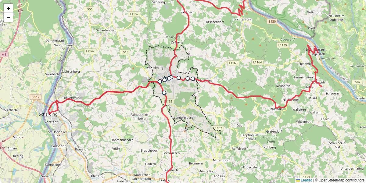 Nahverkehrsnetz in munzkirchen, Österreich - Buslinien, Haltestellen und Verbindungen auf der Karte
