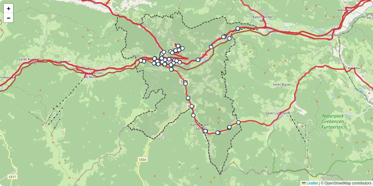 Nahverkehrsnetz in murau, Österreich - Buslinien, Haltestellen und Verbindungen auf der Karte