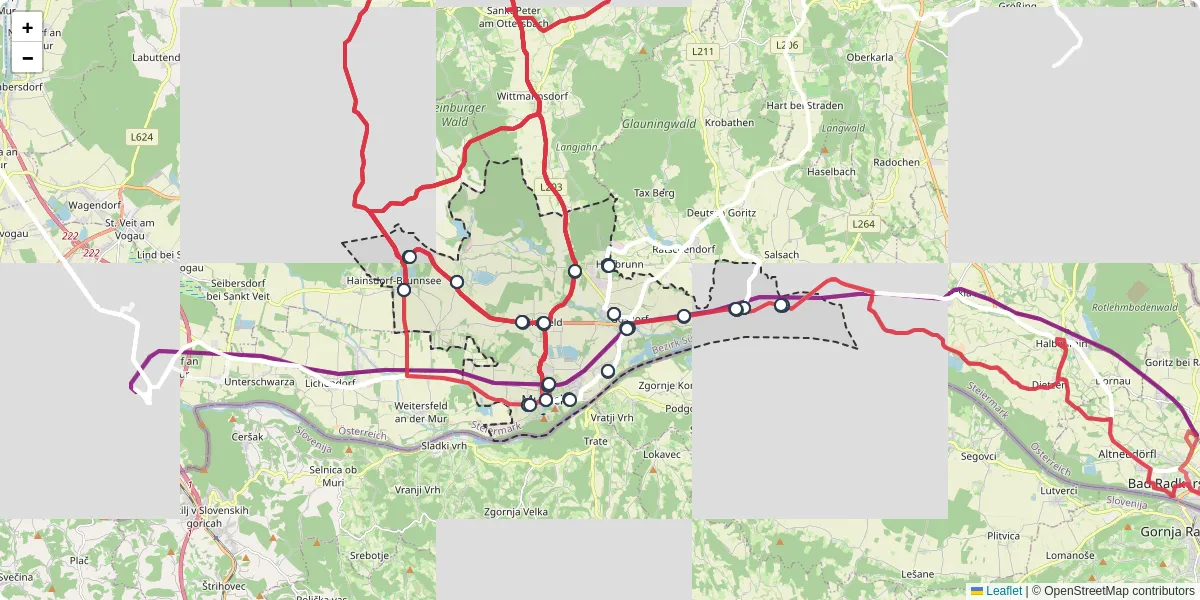 Nahverkehrsnetz in mureck, Österreich - Buslinien, Haltestellen und Verbindungen auf der Karte