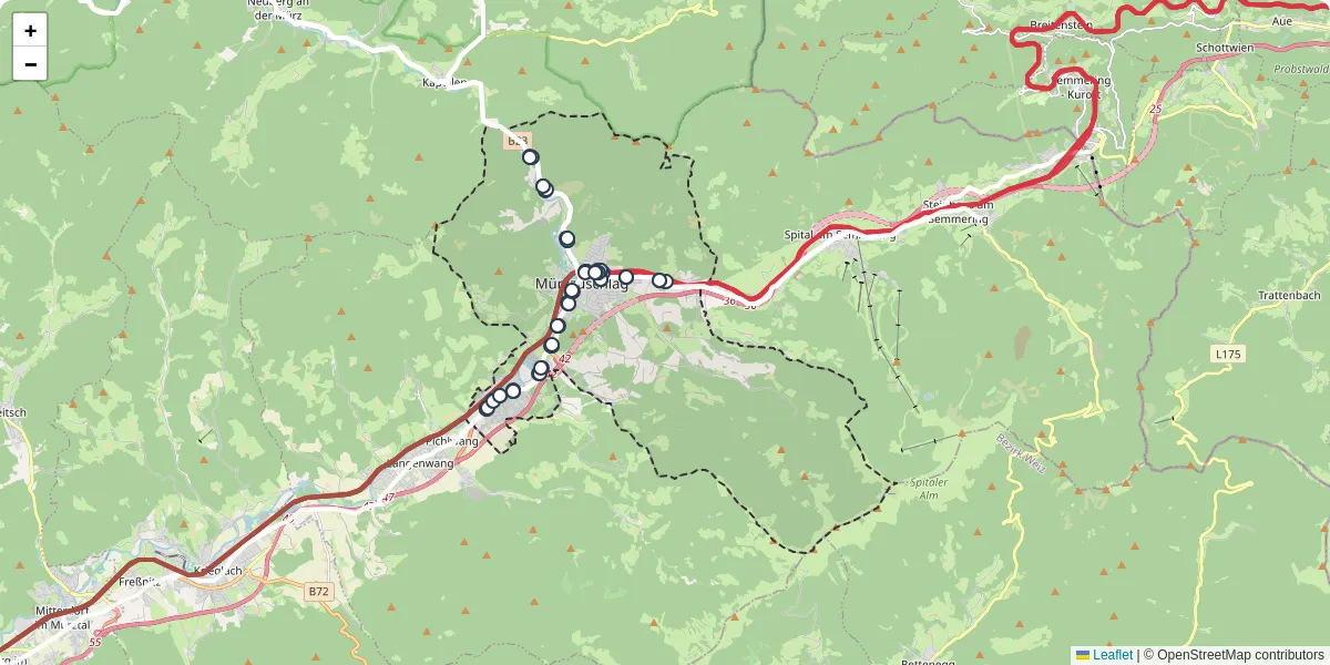 Nahverkehrsnetz in murzzuschlag, Österreich - Buslinien, Haltestellen und Verbindungen auf der Karte
