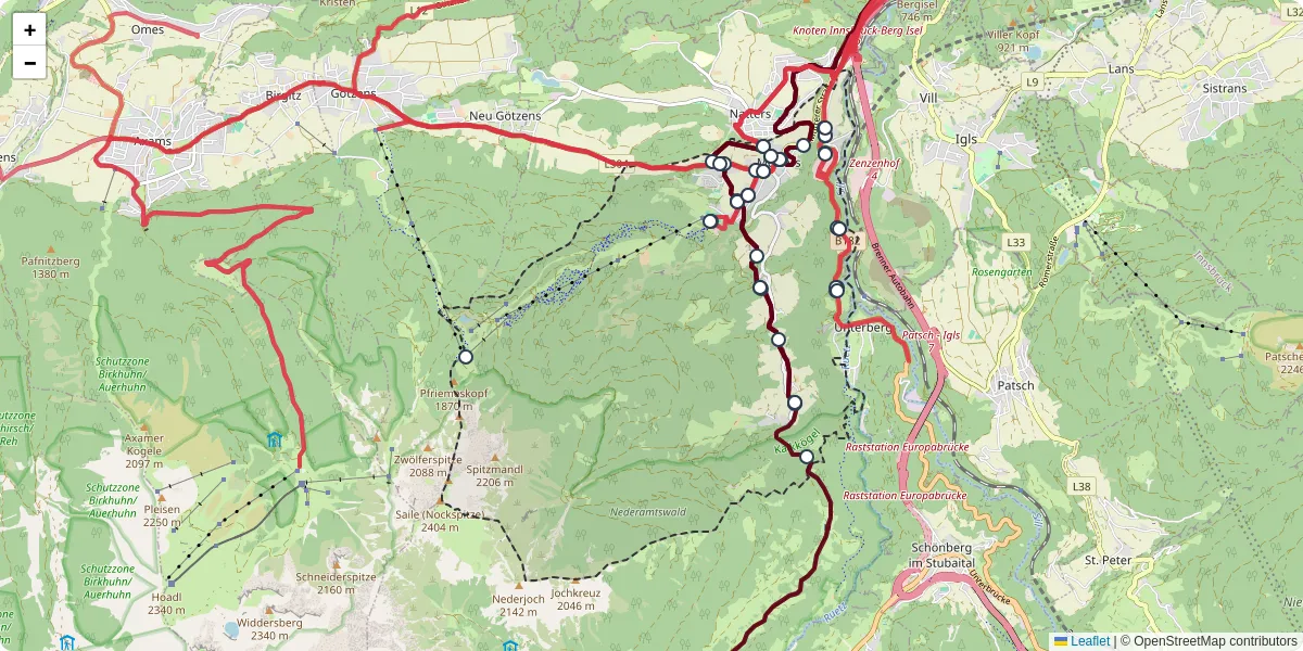 Nahverkehrsnetz in mutters, Österreich - Buslinien, Haltestellen und Verbindungen auf der Karte